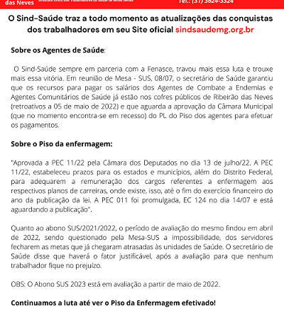 Ribeirão das Neves divulga boletim informativo para os trabalhadores